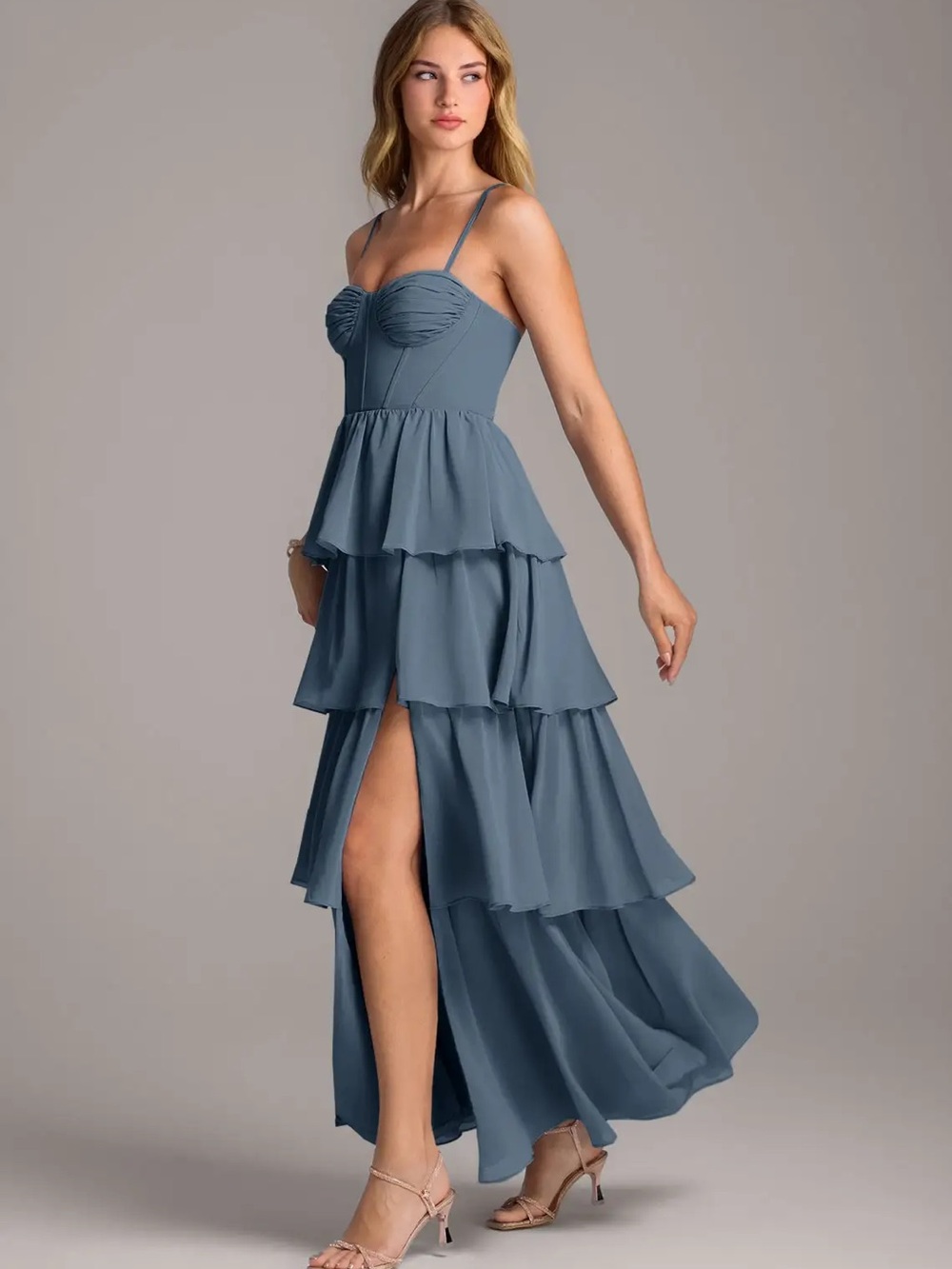 Tiered Ruffle High-Slit Maxi Dress in Slate Blue